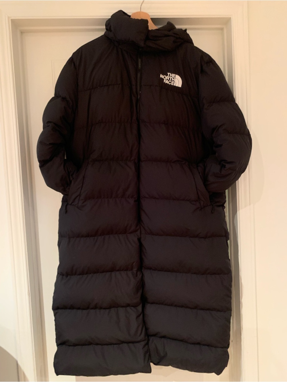 The North Face Women's Black Long Puffer Coat with Hooded Collar
